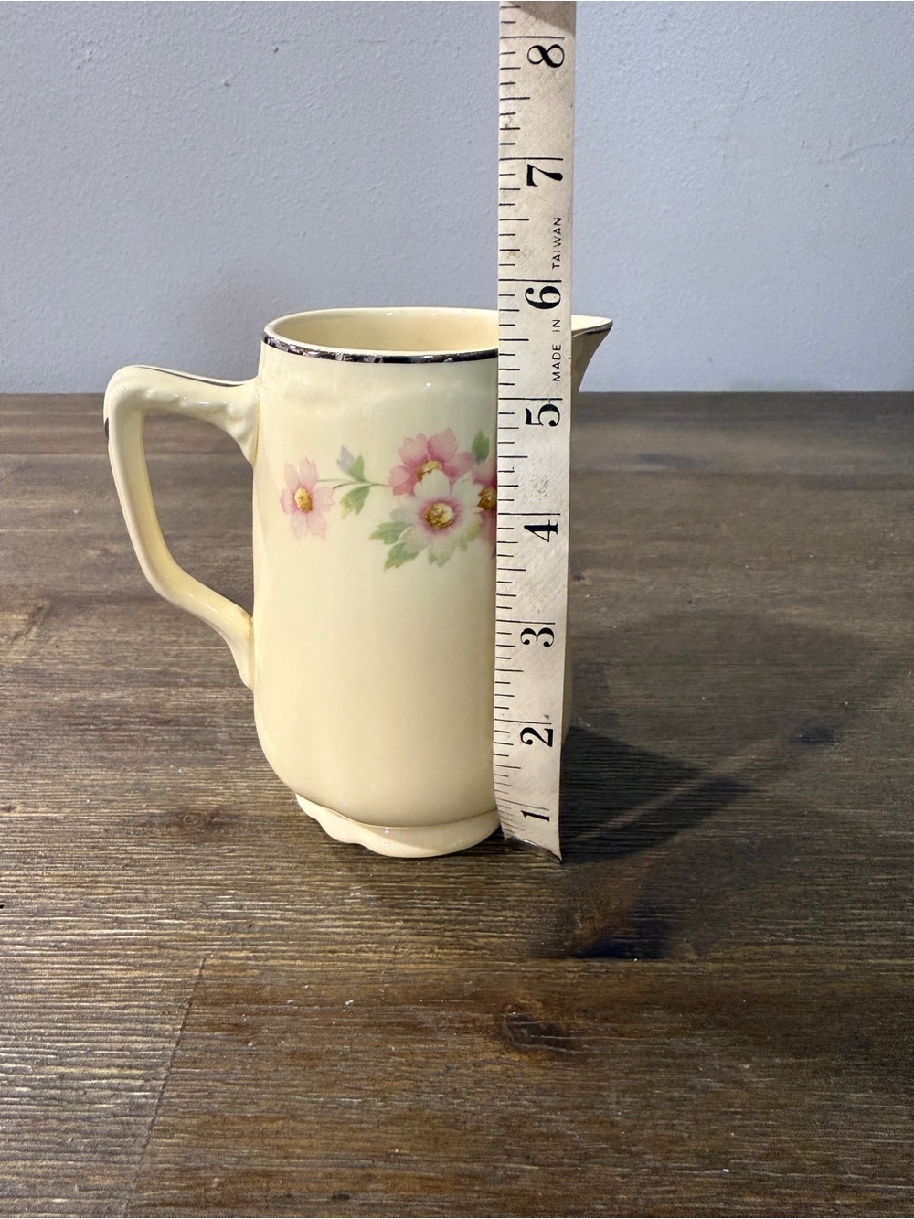 Vintage Cream Floral Ceramic Pitcher with Pink Flower Accent.  About 5” tall - Picture 4 of 6